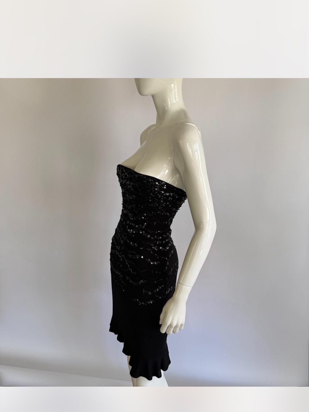 Strapless Black Sequin Ruched Cocktail Dress